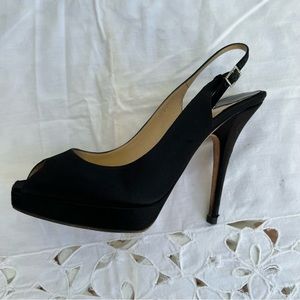 Jimmy Choo satin open toe sling back high heel shoe. Size 7. Jeweled buckle.